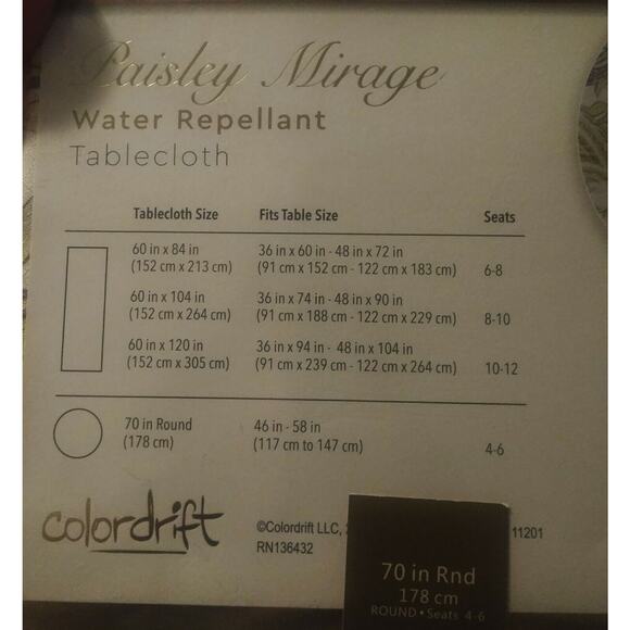 Colordrift Water Repellent Tablecloth Paisley Mirage 70" Round Easy Care - Picture 6 of 7